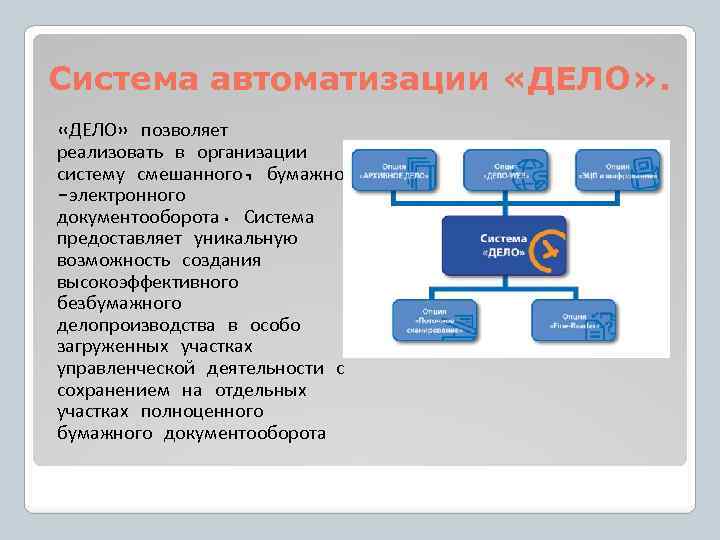 Система автоматизации «ДЕЛО» позволяет реализовать в организации систему смешанного, бумажно -электронного документооборота. Система предоставляет