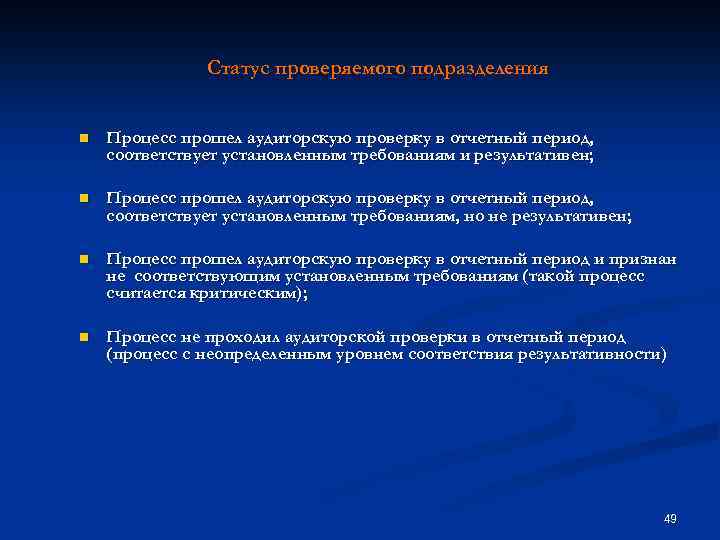 Статус проверяемого подразделения n Процесс прошел аудиторскую проверку в отчетный период, соответствует установленным требованиям