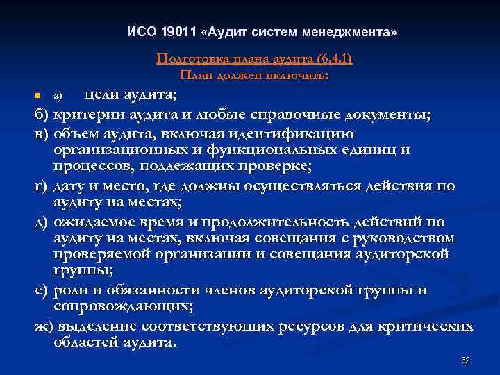 ИСО 19011 «Аудит систем менеджмента» Подготовка плана аудита (6. 4. 1) План должен включать: