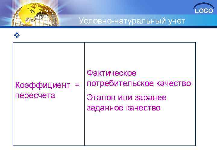 LOGO Условно-натуральный учет v Фактическое Коэффициент = потребительское качество пересчета Эталон или заранее заданное