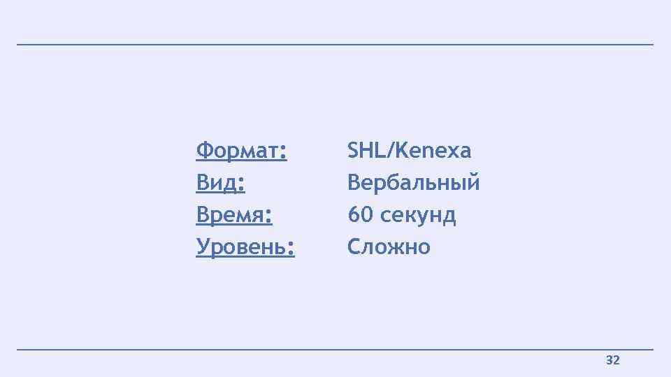 Формат: Вид: Время: Уровень: SHL/Kenexa Вербальный 60 секунд Сложно 32 