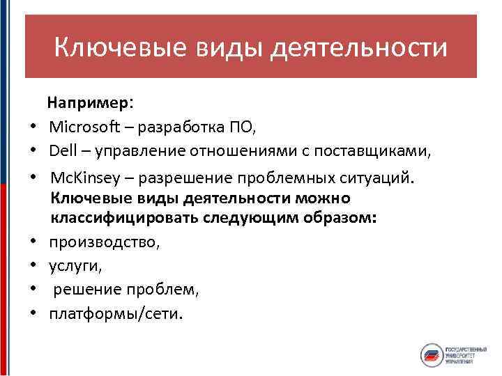 Ключевые виды деятельности • • Например: Microsoft – разработка ПО, Dell – управление отношениями