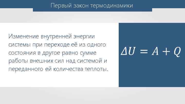 Первый закон термодинамики Изменение внутренней энергии системы при переходе её из одного состояния в