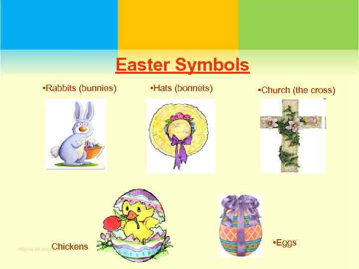 Easter Symbols • Rabbits (bunnies) Chickens • Hats (bonnets) • Church (the cross) •