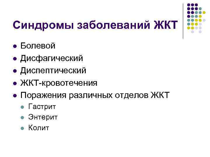 Синдромы заболеваний ЖКТ Болевой Дисфагический Диспептический ЖКТ-кровотечения Поражения различных отделов ЖКТ Гастрит Энтерит Колит