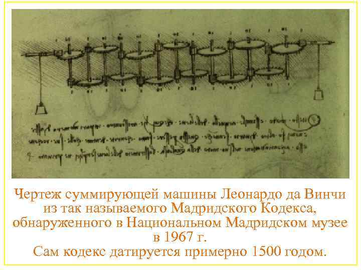 Чертеж суммирующей машины Леонардо да Винчи из так называемого Мадридского Кодекса, обнаруженного в Национальном