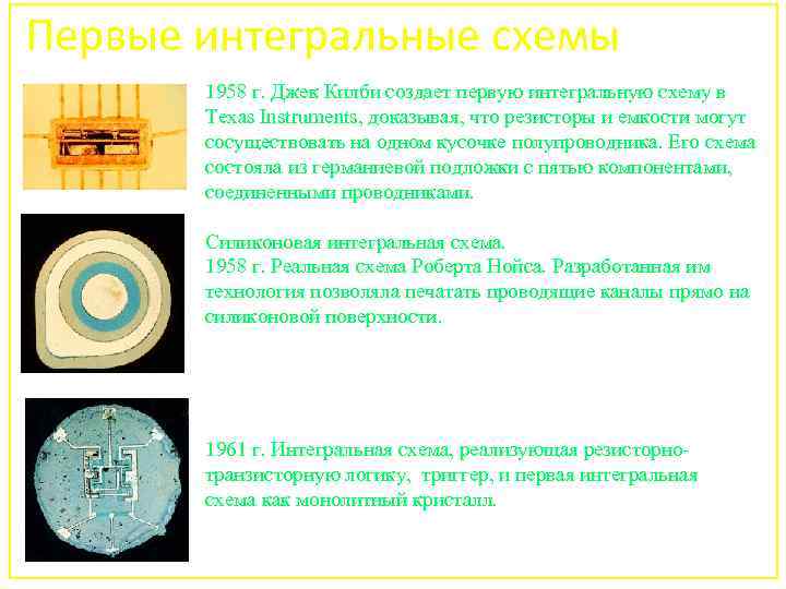 Первые интегральные схемы 1958 г. Джек Килби создает первую интегральную схему в Texas Instruments,