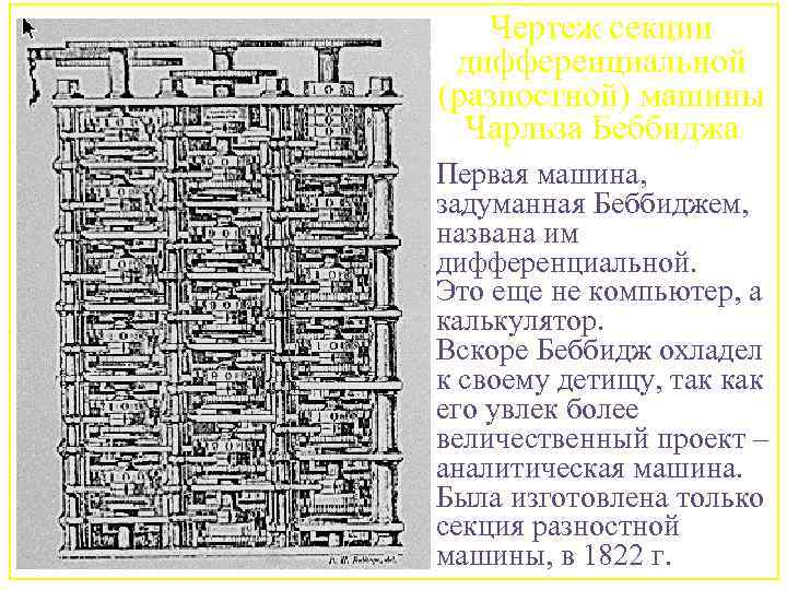 Чертеж секции дифференциальной (разностной) машины Чарльза Беббиджа Первая машина, задуманная Беббиджем, названа им дифференциальной.