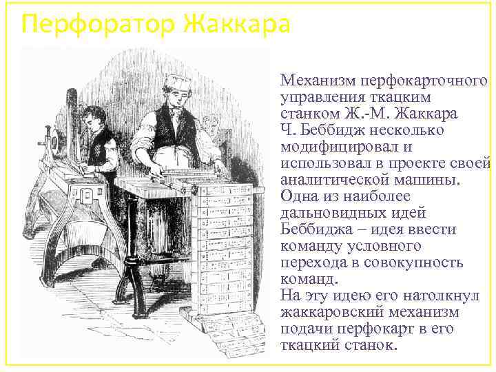 Перфоратор Жаккара Механизм перфокарточного управления ткацким станком Ж. -М. Жаккара Ч. Беббидж несколько модифицировал