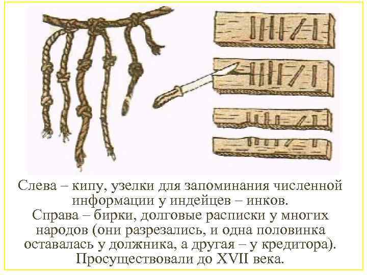 Слева – кипу, узелки для запоминания численной информации у индейцев – инков. Справа –