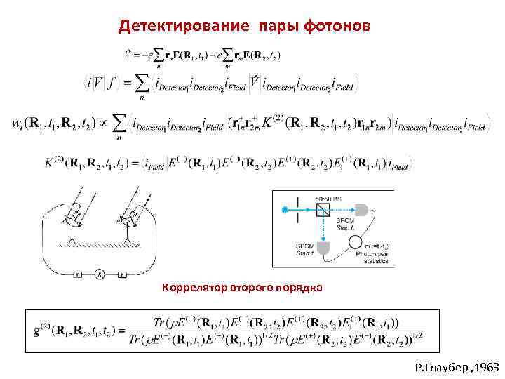 Детектирование пары фотонов Коррелятор второго порядка Р. Глаубер , 1963 