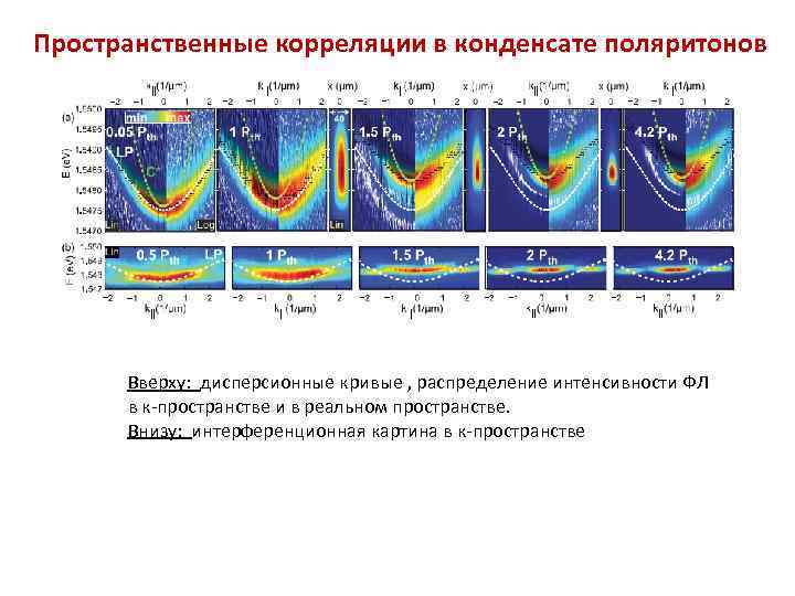 Пространственные корреляции в конденсате поляритонов Вверху: дисперсионные кривые , распределение интенсивности ФЛ в к-пространстве