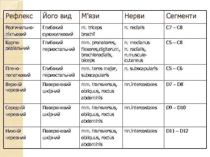 Рефлекс Його вид М’язи Нерви Сегменти Розгинальноліктьовий Глибокий сухожилковий m. triceps brachii n. radialis