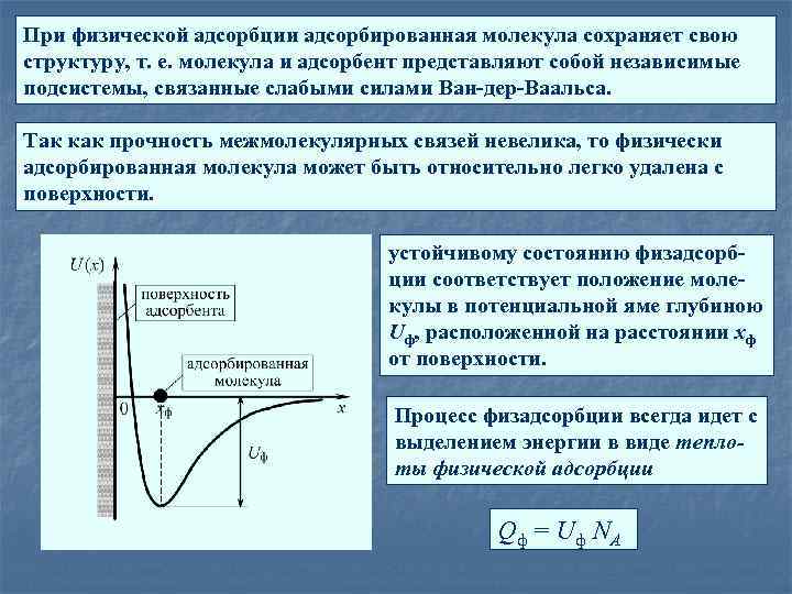 При физической адсорбции адсорбированная молекула сохраняет свою структуру, т. е. молекула и адсорбент представляют