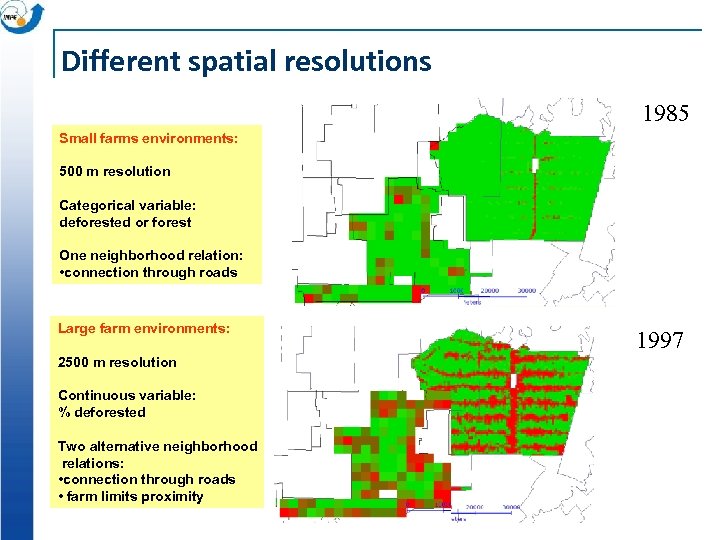Different spatial resolutions 1985 Small farms environments: 500 m resolution Categorical variable: deforested or