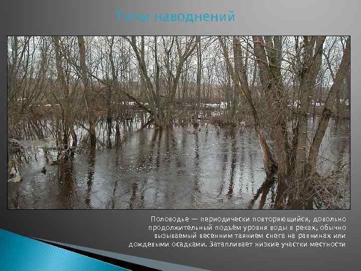 Типы наводнений Половодье — периодически повторяющийся, довольно продолжительный подъём уровня воды в реках, обычно