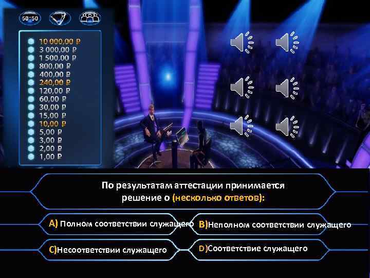 По результатам аттестации принимается решение о (несколько ответов): A) Полном соответствии служащего B)Неполном соответствии