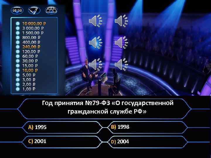 . Год принятия № 79 -ФЗ «О государственной гражданской службе РФ» A) 1995 B)