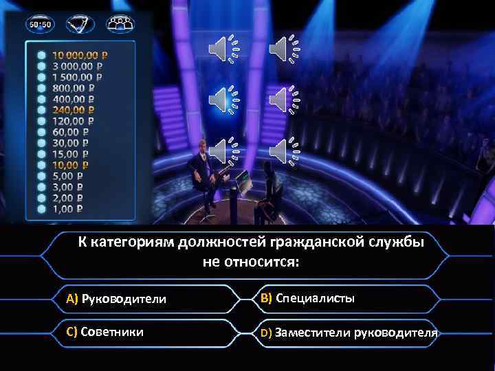 К категориям должностей гражданской службы не относится: A) Руководители B) Специалисты C) Советники D)
