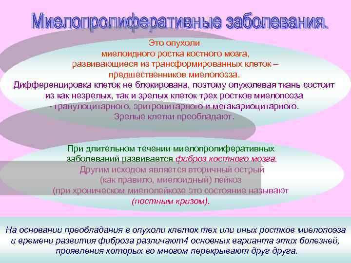 Это опухоли миелоидного ростка костного мозга, развивающиеся из трансформированных клеток – предшественников миелопоэза. Дифференцировка