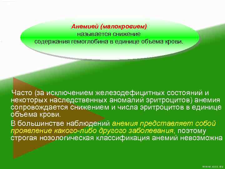 Анемией (малокровием) называется снижение содержания гемоглобина в единице объема крови. Часто (за исключением железодефицитных