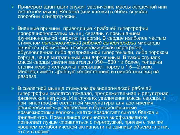 Ø Примером адаптации служит увеличение массы сердечной или скелетной мышц. Волокна (или клетки) в