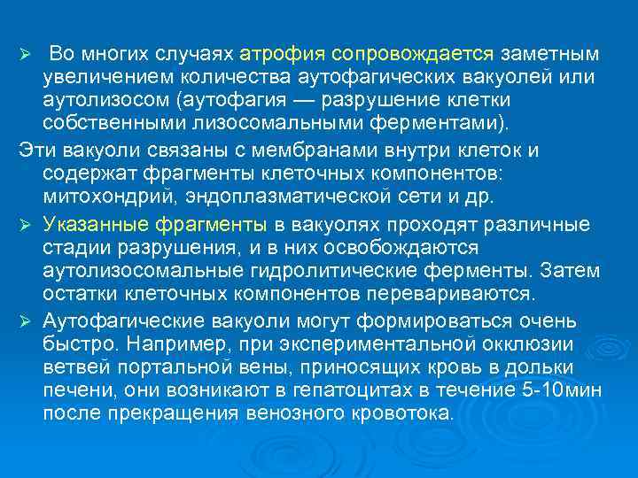 Во многих случаях атрофия сопровождается заметным увеличением количества аутофагических вакуолей или аутолизосом (аутофагия —