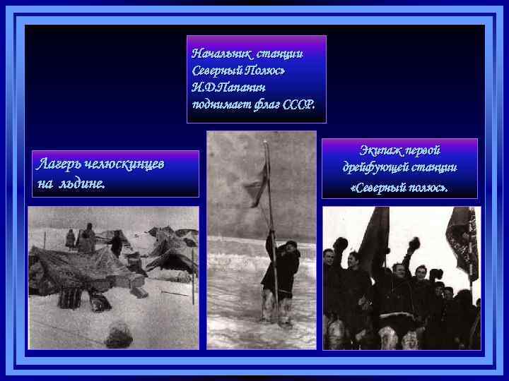 Начальник станции Северный Полюс» И. Д. Папанин поднимает флаг СССР. Лагерь челюскинцев на льдине.