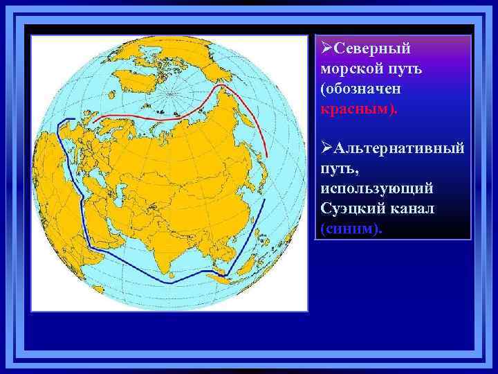 ØСеверный морской путь (обозначен красным). ØАльтернативный путь, использующий Суэцкий канал (синим). 