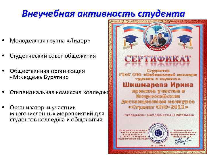 Внеучебная активность студента • Молодежная группа «Лидер» • Студенческий совет общежития • Общественная организация