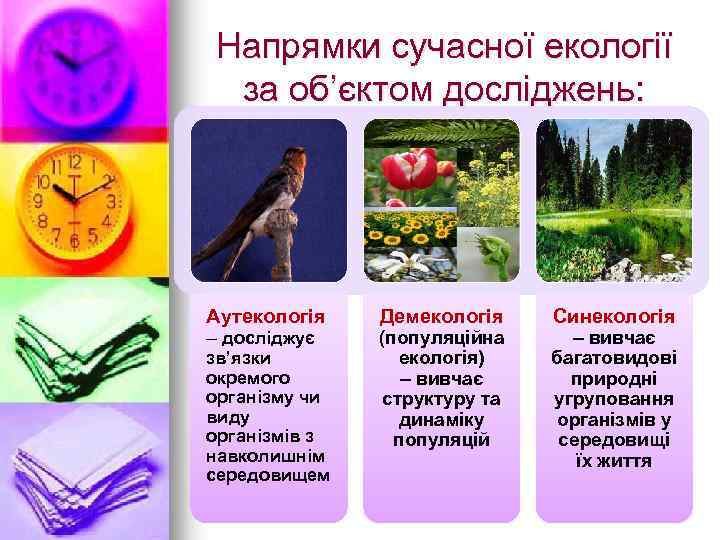 Напрямки сучасної екології за об’єктом досліджень: Аутекологія – досліджує зв’язки окремого організму чи виду