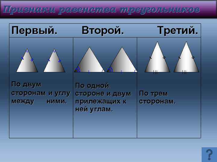 Признаки равенства треугольников Первый. Второй. По двум По одной сторонам и углу стороне и