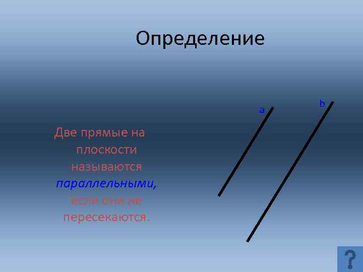 Определение a Две прямые на плоскости называются параллельными, если они не пересекаются. b 