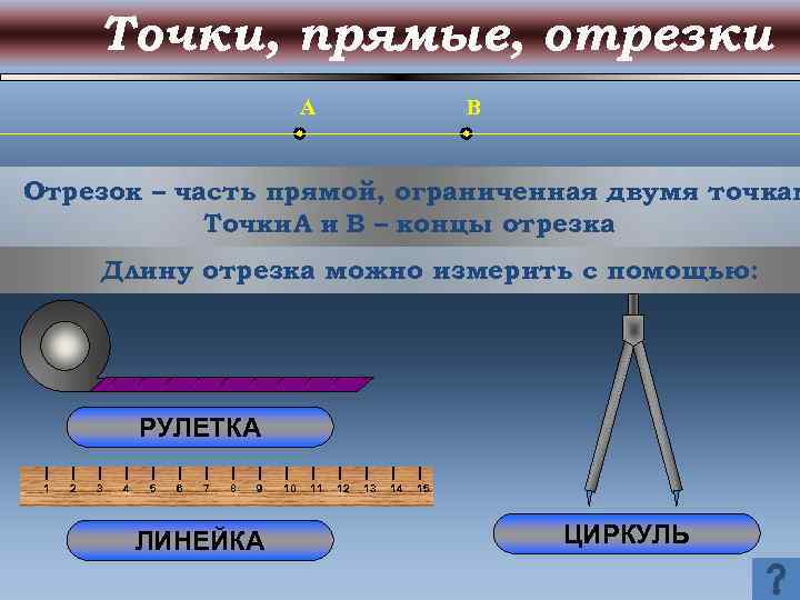 Точки, прямые, отрезки A B Отрезок – часть прямой, ограниченная двумя точкам Точки. A