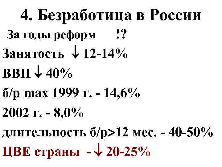 4. Безработица в России !? Занятость 12 -14% ВВП 40% б/р max 1999 г.