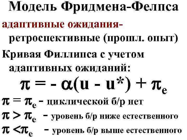 Модель Фридмена-Фелпса адаптивные ожиданияретроспективные (прошл. опыт) Кривая Филлипса с учетом адаптивных ожиданий: = -