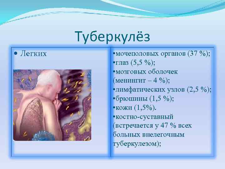 Туберкулёз Легких • мочеполовых органов (37 %); • глаз (5, 5 %); • мозговых