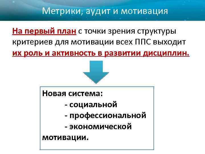 Метрики, аудит и мотивация На первый план с точки зрения структуры критериев для мотивации