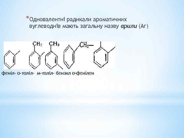 *Одновалентні радикали ароматичних вуглеводнів мають загальну назву арили (Аг) феніл- о-толіл- м-толіл- бензил о-фенілен