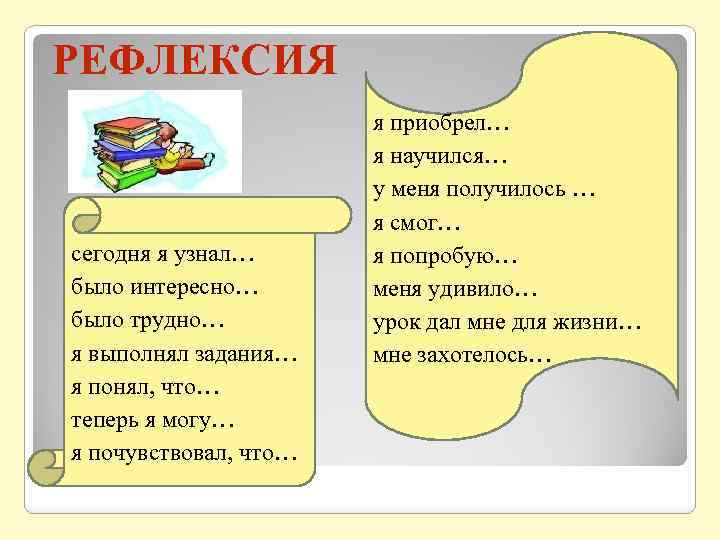 РЕФЛЕКСИЯ сегодня я узнал… было интересно… было трудно… я выполнял задания… я понял, что…