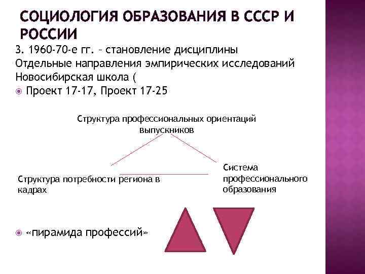 СОЦИОЛОГИЯ ОБРАЗОВАНИЯ В СССР И РОССИИ 3. 1960 -70 -е гг. – становление дисциплины