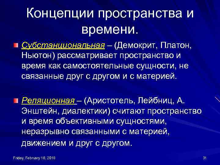 Учение о пространстве времени. Концепции пространства и времени. Реляционная концепция пространства и времени. Субстанциальная концепция пространства. Пространство в субстанциональной концепции это.