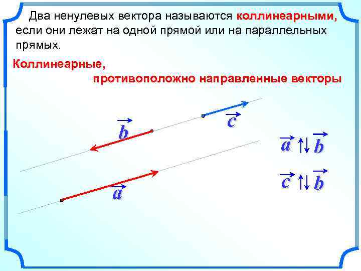 Два ненулевых вектора называются коллинеарными, если они лежат на одной прямой или на параллельных