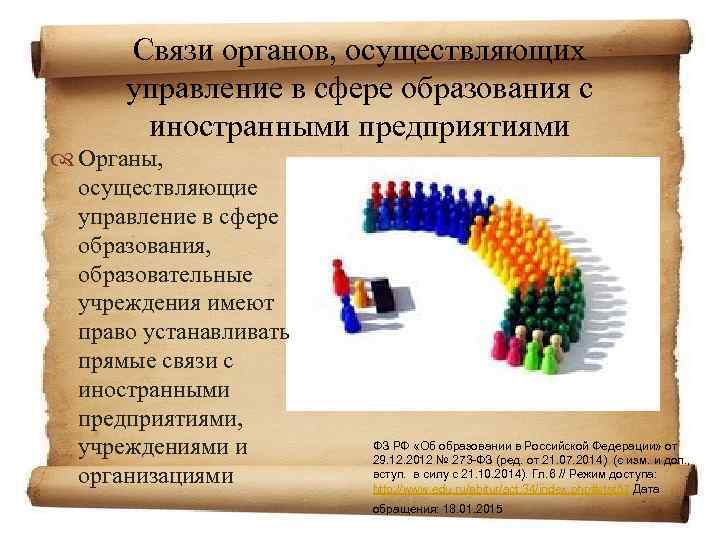 Связи органов, осуществляющих управление в сфере образования с иностранными предприятиями Органы, осуществляющие управление в