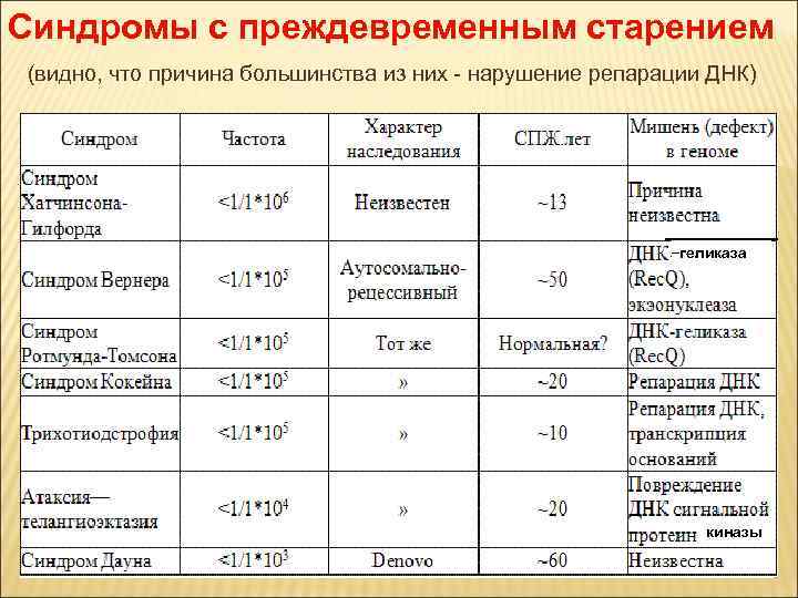 Синдромы с преждевременным старением (видно, что причина большинства из них - нарушение репарации ДНК)
