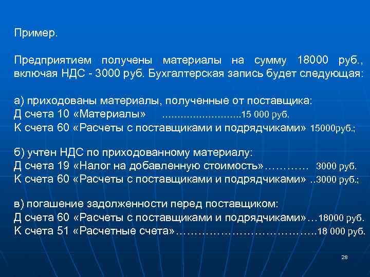 Пример. Предприятием получены материалы на сумму 18000 руб. , включая НДС - 3000 руб.