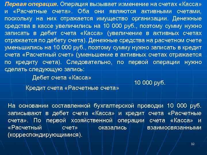 Первая операция. Операция вызывает изменение на счетах «Касса» и «Расчетные счета» . Оба они
