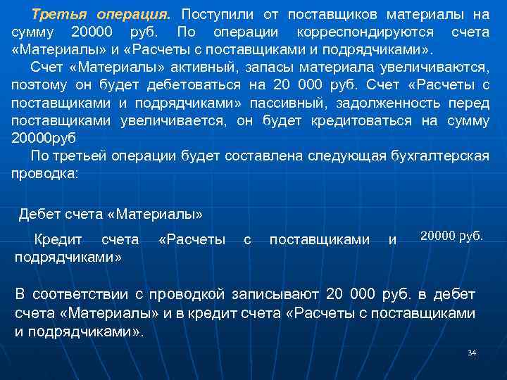 Третья операция. Поступили от поставщиков материалы на сумму 20000 руб. По операции корреспондируются счета