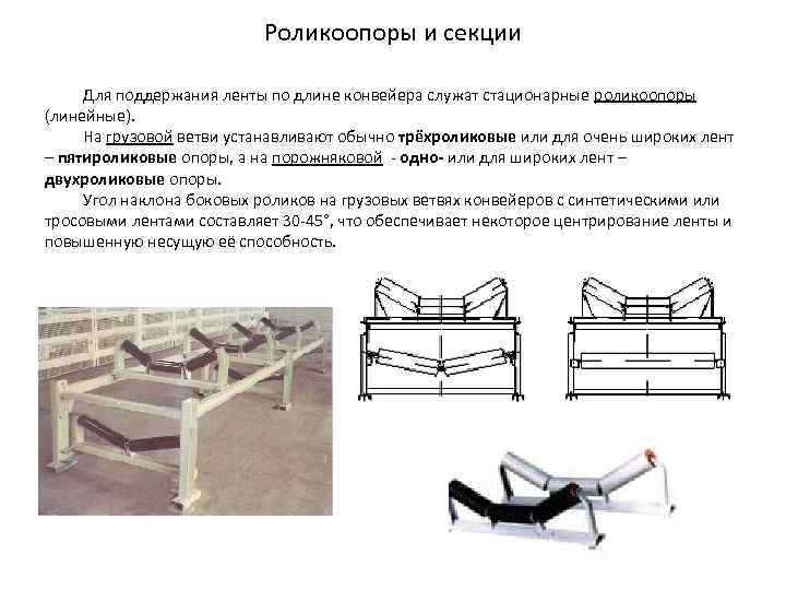 Роликоопоры и секции Для поддержания ленты по длине конвейера служат стационарные роликоопоры (линейные). На