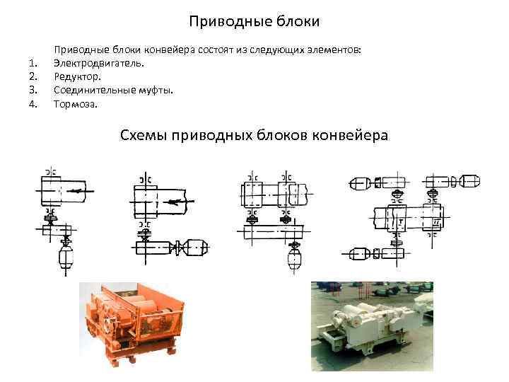 Приводные блоки 1. 2. 3. 4. Приводные блоки конвейера состоят из следующих элементов: Электродвигатель.